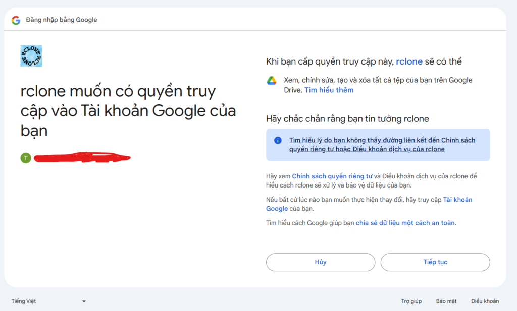 kết nối rclone đến google drive